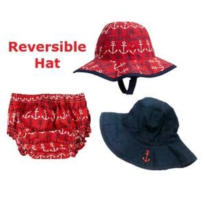 PB Kids Nautical BABY DIAPER COVER + REVERSIBLE SUN HAT 6-12 Mo Beach Pool Set